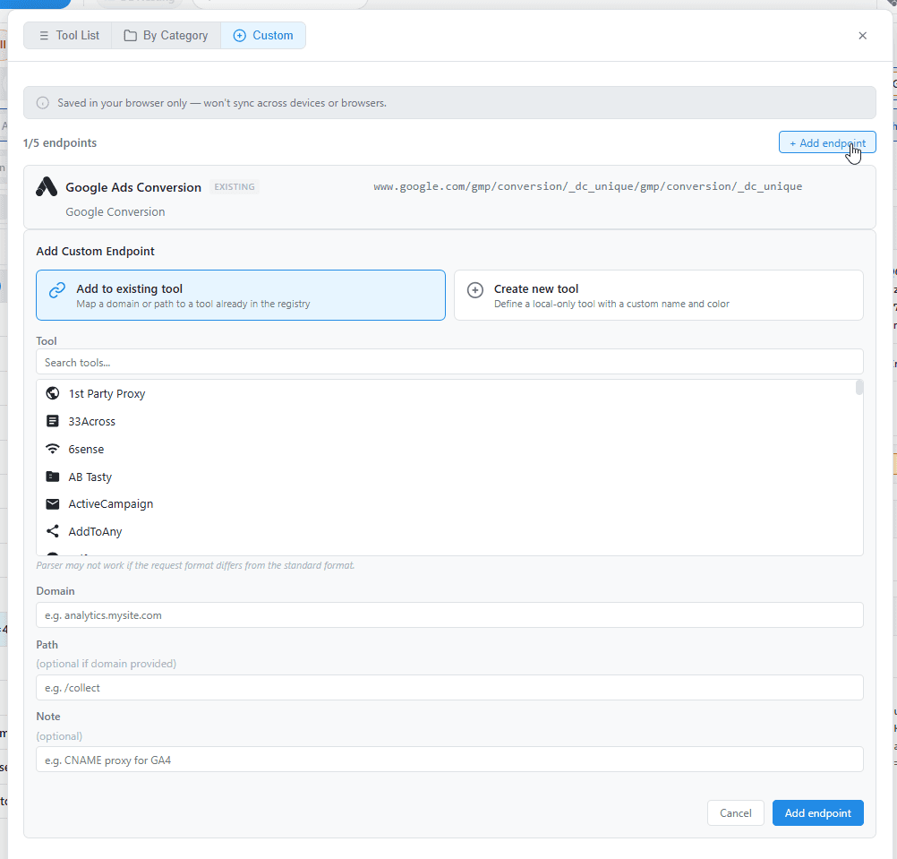 Custom Endpoint dialog with tool registry and domain mapping