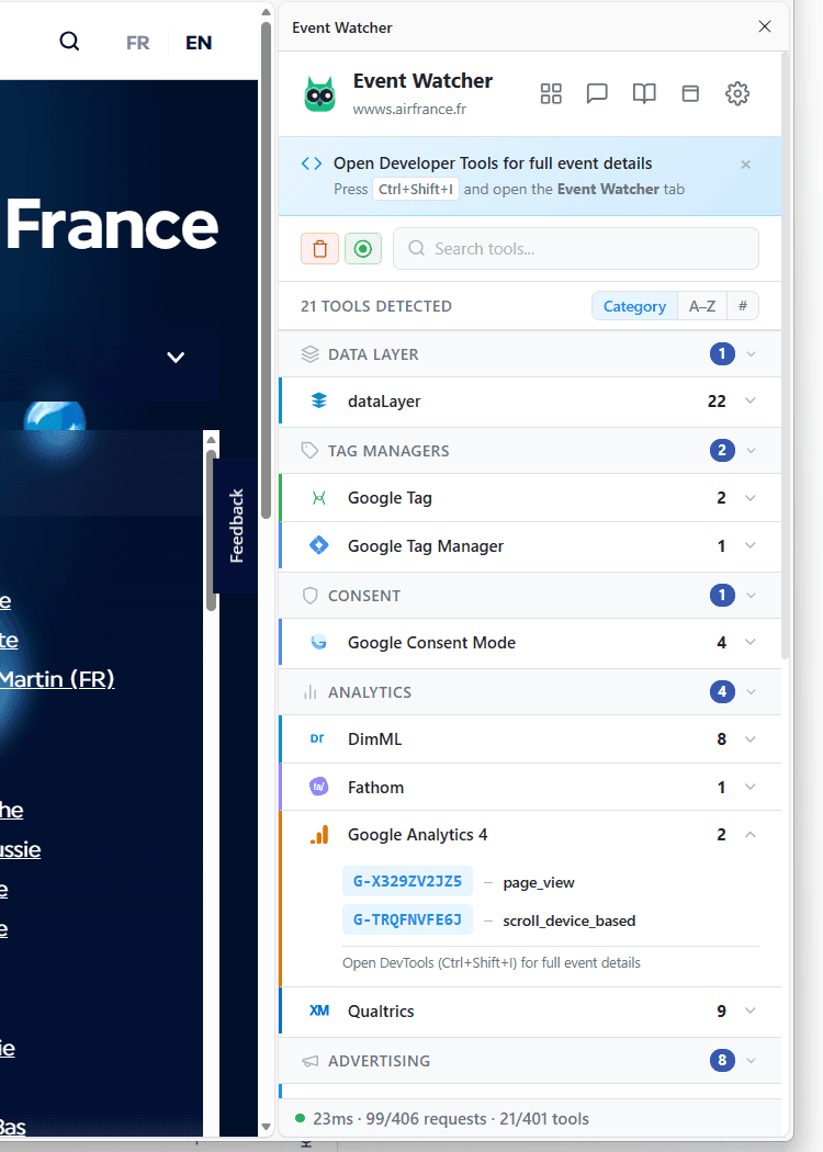 Side panel on Air France showing 21 detected tools by category