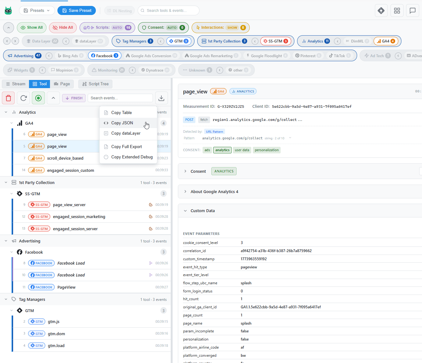Tool view showing GA4 parsed event data with export options